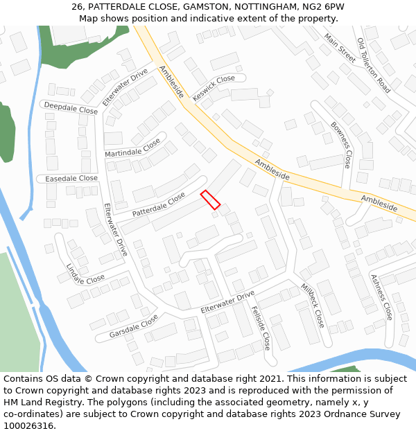 26, PATTERDALE CLOSE, GAMSTON, NOTTINGHAM, NG2 6PW: Location map and indicative extent of plot