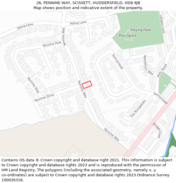 26, PENNINE WAY, SCISSETT, HUDDERSFIELD, HD8 9JB: Location map and indicative extent of plot