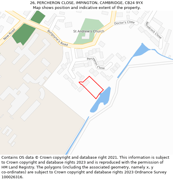 26, PERCHERON CLOSE, IMPINGTON, CAMBRIDGE, CB24 9YX: Location map and indicative extent of plot