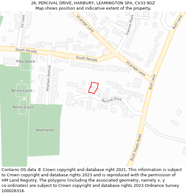 26, PERCIVAL DRIVE, HARBURY, LEAMINGTON SPA, CV33 9GZ: Location map and indicative extent of plot