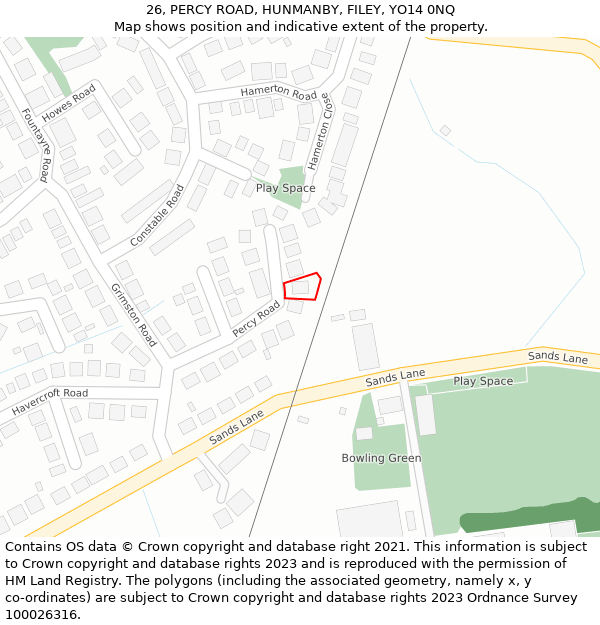 26, PERCY ROAD, HUNMANBY, FILEY, YO14 0NQ: Location map and indicative extent of plot