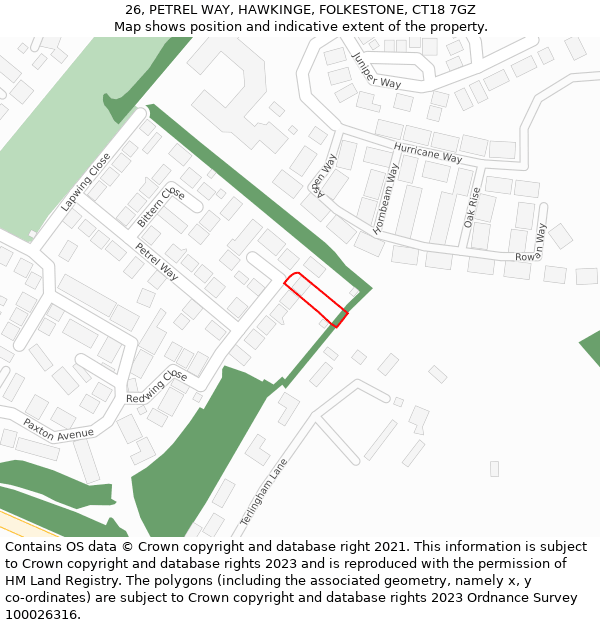 26, PETREL WAY, HAWKINGE, FOLKESTONE, CT18 7GZ: Location map and indicative extent of plot