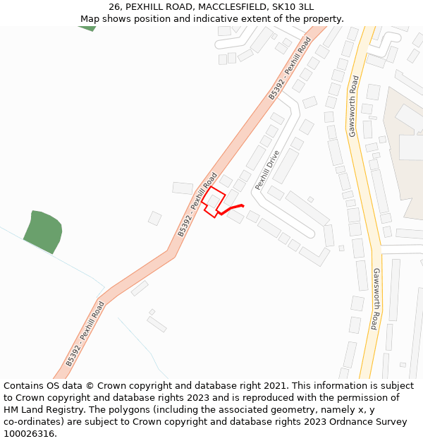 26, PEXHILL ROAD, MACCLESFIELD, SK10 3LL: Location map and indicative extent of plot