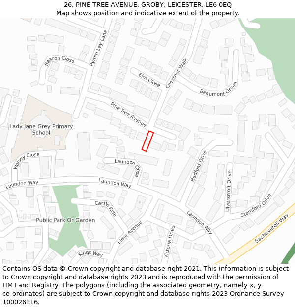 26, PINE TREE AVENUE, GROBY, LEICESTER, LE6 0EQ: Location map and indicative extent of plot