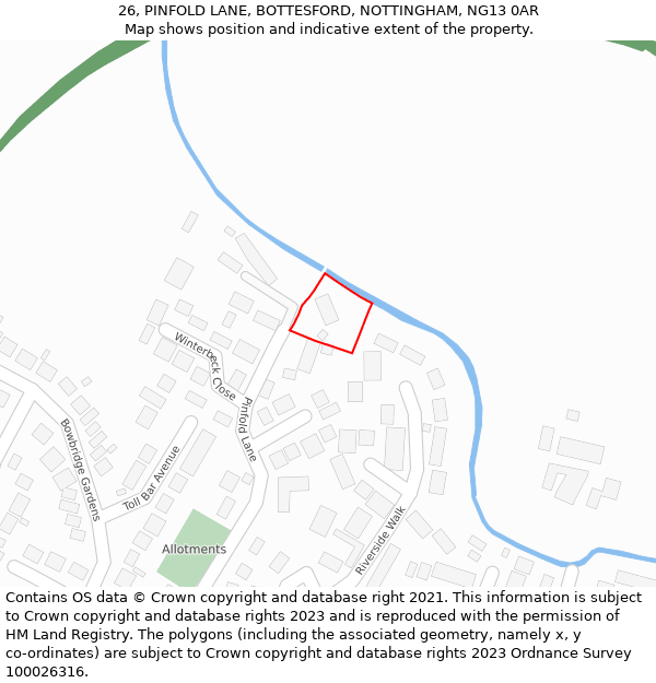 26, PINFOLD LANE, BOTTESFORD, NOTTINGHAM, NG13 0AR: Location map and indicative extent of plot