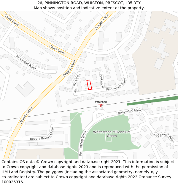 26, PINNINGTON ROAD, WHISTON, PRESCOT, L35 3TY: Location map and indicative extent of plot