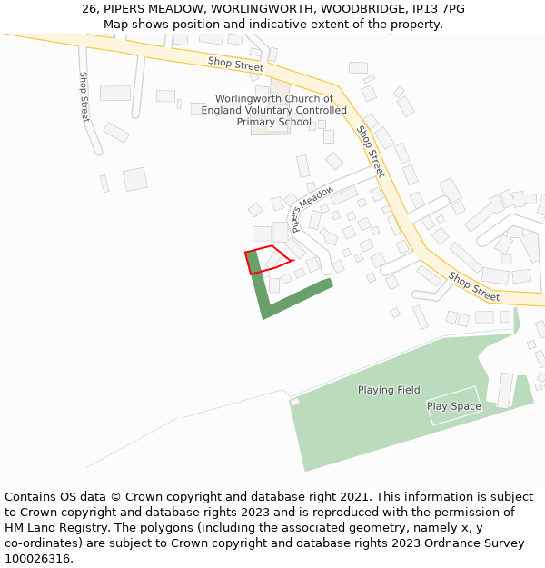 26, PIPERS MEADOW, WORLINGWORTH, WOODBRIDGE, IP13 7PG: Location map and indicative extent of plot
