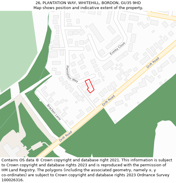 26, PLANTATION WAY, WHITEHILL, BORDON, GU35 9HD: Location map and indicative extent of plot