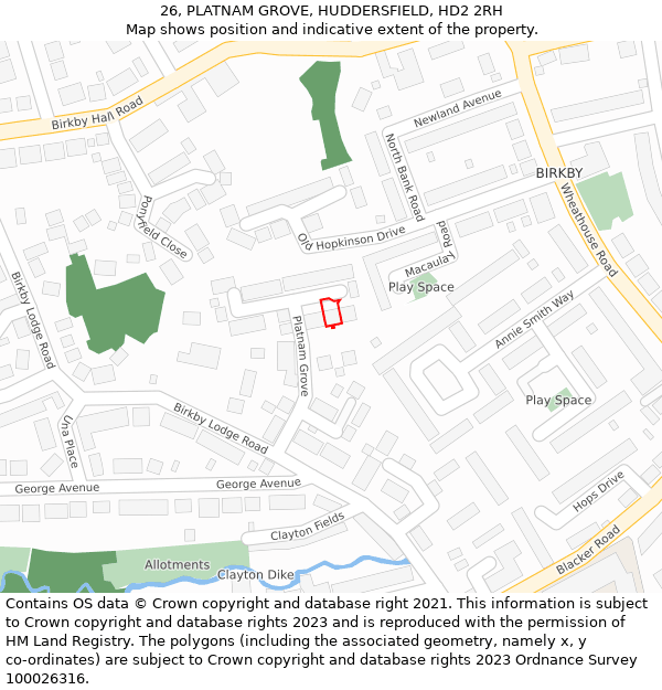 26, PLATNAM GROVE, HUDDERSFIELD, HD2 2RH: Location map and indicative extent of plot