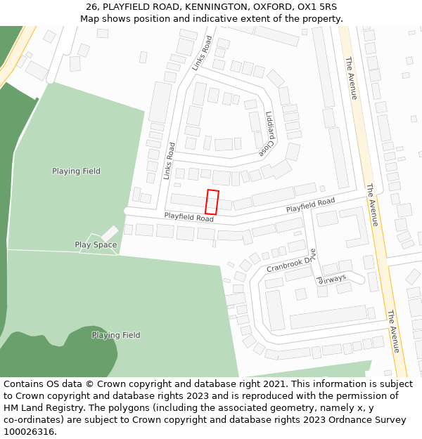 26, PLAYFIELD ROAD, KENNINGTON, OXFORD, OX1 5RS: Location map and indicative extent of plot