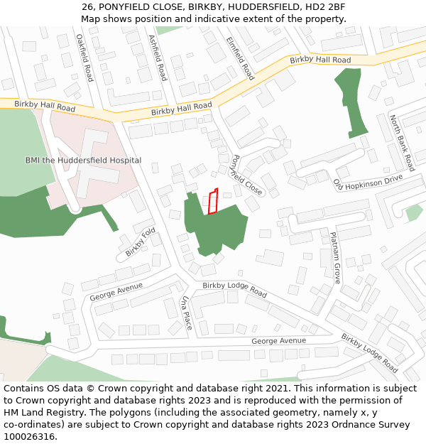 26, PONYFIELD CLOSE, BIRKBY, HUDDERSFIELD, HD2 2BF: Location map and indicative extent of plot