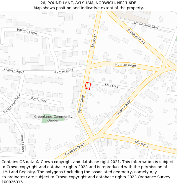 26, POUND LANE, AYLSHAM, NORWICH, NR11 6DR: Location map and indicative extent of plot