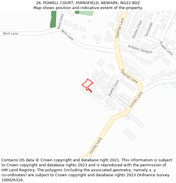 26, POWELL COURT, FARNSFIELD, NEWARK, NG22 8DZ: Location map and indicative extent of plot
