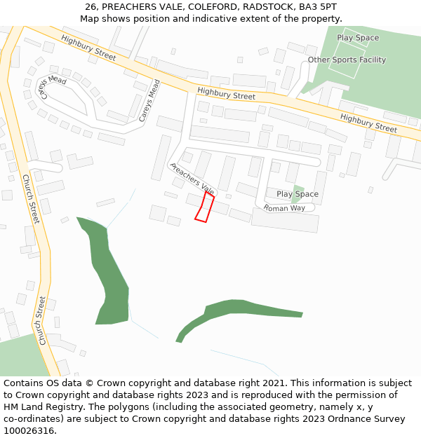 26, PREACHERS VALE, COLEFORD, RADSTOCK, BA3 5PT: Location map and indicative extent of plot