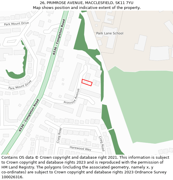 26, PRIMROSE AVENUE, MACCLESFIELD, SK11 7YU: Location map and indicative extent of plot