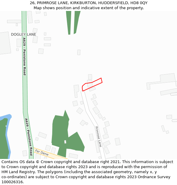 26, PRIMROSE LANE, KIRKBURTON, HUDDERSFIELD, HD8 0QY: Location map and indicative extent of plot