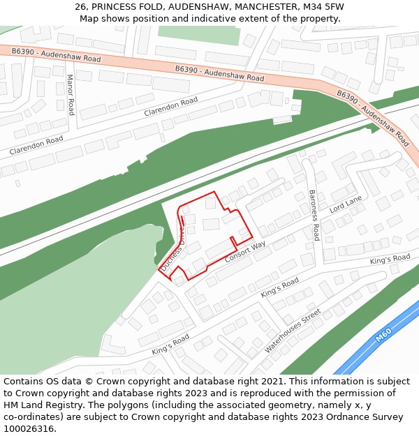 26, PRINCESS FOLD, AUDENSHAW, MANCHESTER, M34 5FW: Location map and indicative extent of plot