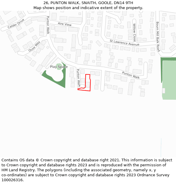 26, PUNTON WALK, SNAITH, GOOLE, DN14 9TH: Location map and indicative extent of plot