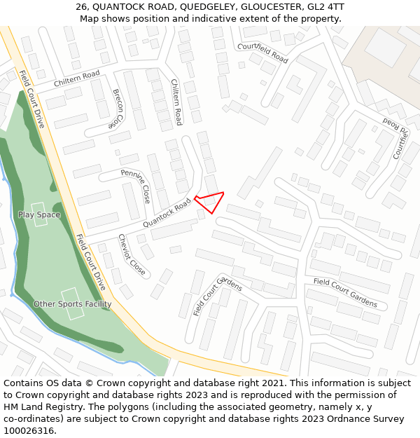 26, QUANTOCK ROAD, QUEDGELEY, GLOUCESTER, GL2 4TT: Location map and indicative extent of plot