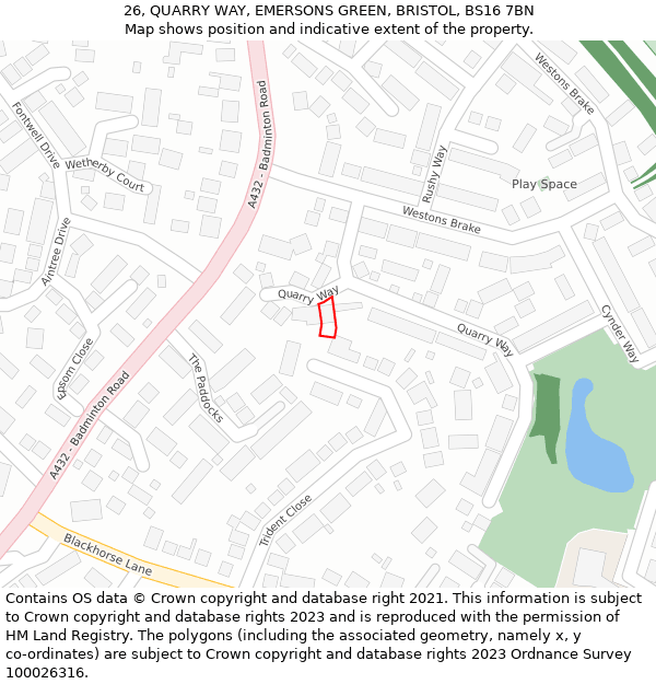 26, QUARRY WAY, EMERSONS GREEN, BRISTOL, BS16 7BN: Location map and indicative extent of plot