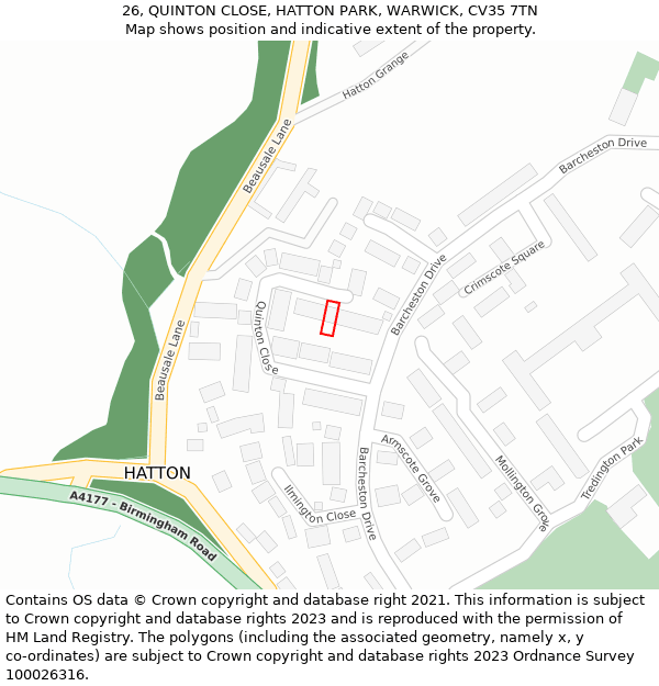 26, QUINTON CLOSE, HATTON PARK, WARWICK, CV35 7TN: Location map and indicative extent of plot