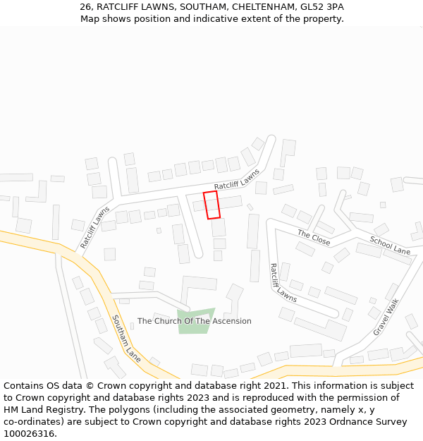 26, RATCLIFF LAWNS, SOUTHAM, CHELTENHAM, GL52 3PA: Location map and indicative extent of plot