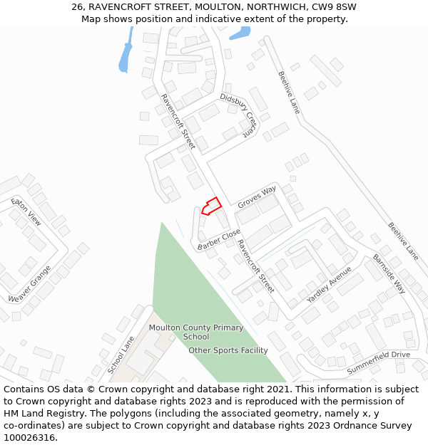 26, RAVENCROFT STREET, MOULTON, NORTHWICH, CW9 8SW: Location map and indicative extent of plot