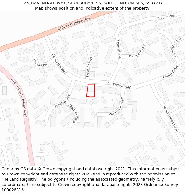 26, RAVENDALE WAY, SHOEBURYNESS, SOUTHEND-ON-SEA, SS3 8YB: Location map and indicative extent of plot