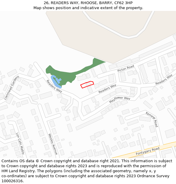 26, READERS WAY, RHOOSE, BARRY, CF62 3HP: Location map and indicative extent of plot