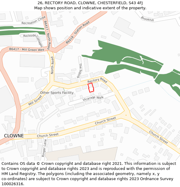 26, RECTORY ROAD, CLOWNE, CHESTERFIELD, S43 4FJ: Location map and indicative extent of plot