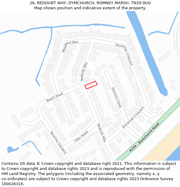 26, REDOUBT WAY, DYMCHURCH, ROMNEY MARSH, TN29 0UG: Location map and indicative extent of plot