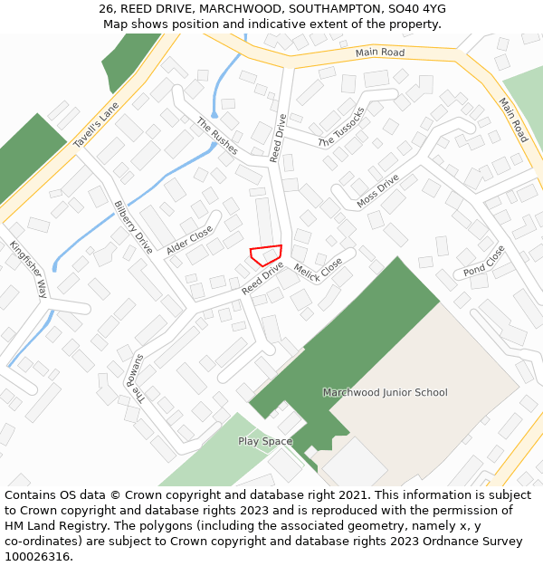 26, REED DRIVE, MARCHWOOD, SOUTHAMPTON, SO40 4YG: Location map and indicative extent of plot