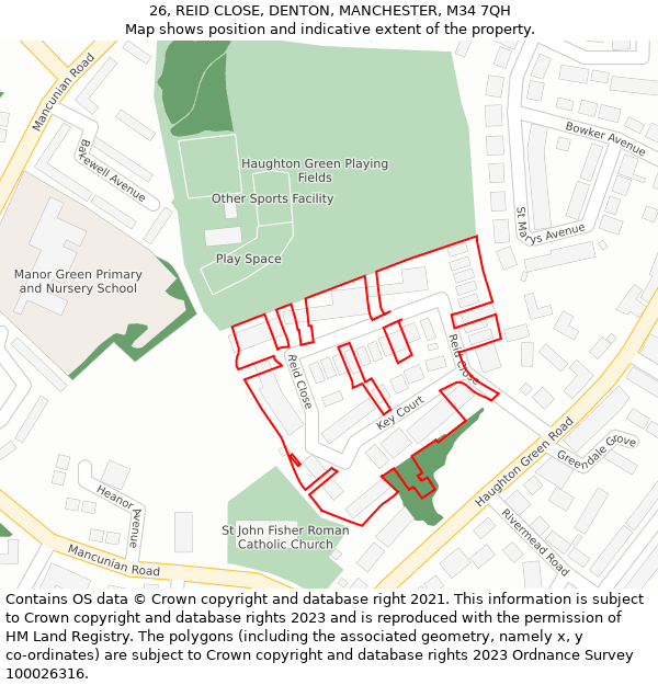 26, REID CLOSE, DENTON, MANCHESTER, M34 7QH: Location map and indicative extent of plot