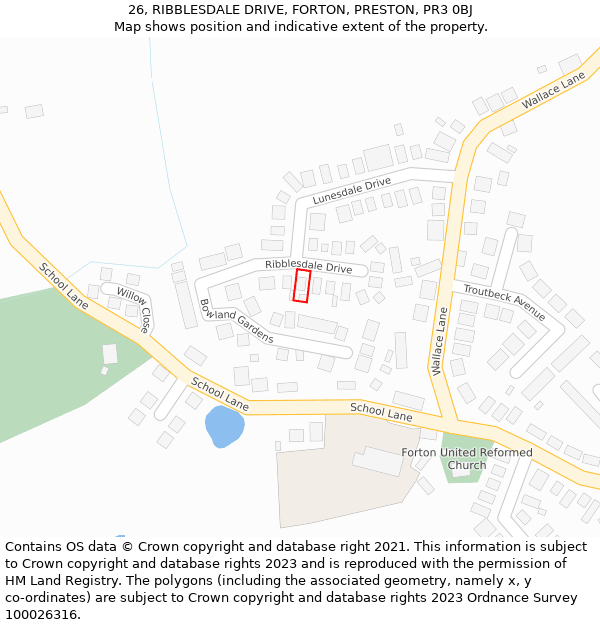 26, RIBBLESDALE DRIVE, FORTON, PRESTON, PR3 0BJ: Location map and indicative extent of plot