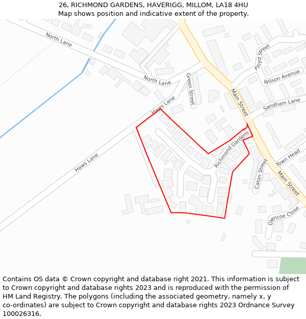 26, RICHMOND GARDENS, HAVERIGG, MILLOM, LA18 4HU: Location map and indicative extent of plot