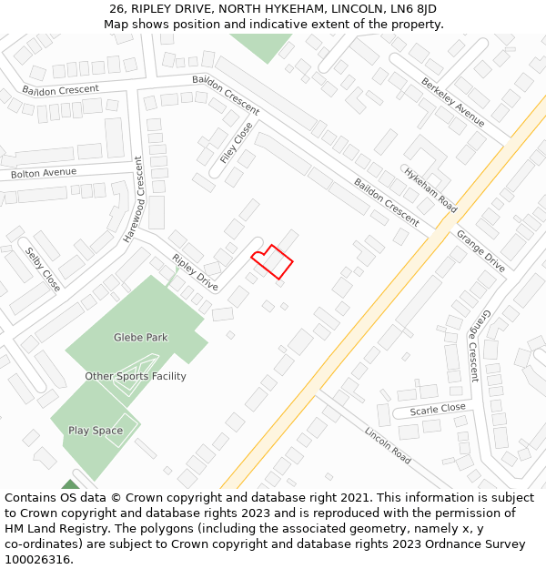 26, RIPLEY DRIVE, NORTH HYKEHAM, LINCOLN, LN6 8JD: Location map and indicative extent of plot