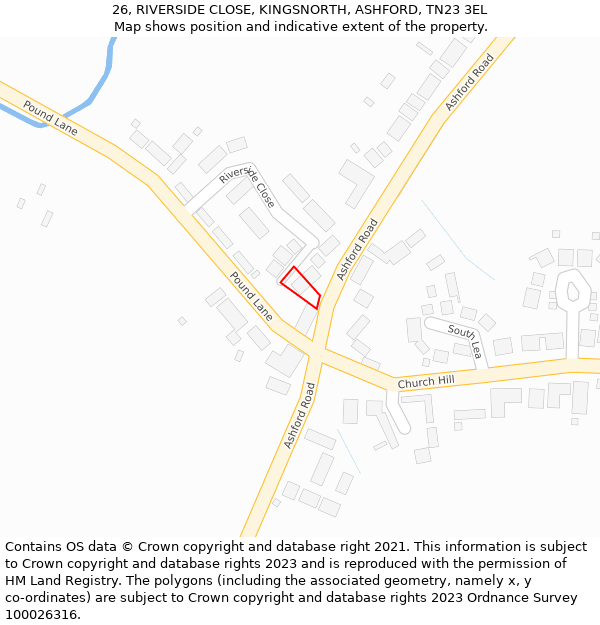 26, RIVERSIDE CLOSE, KINGSNORTH, ASHFORD, TN23 3EL: Location map and indicative extent of plot