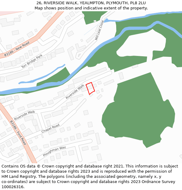 26, RIVERSIDE WALK, YEALMPTON, PLYMOUTH, PL8 2LU: Location map and indicative extent of plot