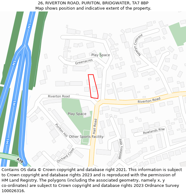 26, RIVERTON ROAD, PURITON, BRIDGWATER, TA7 8BP: Location map and indicative extent of plot