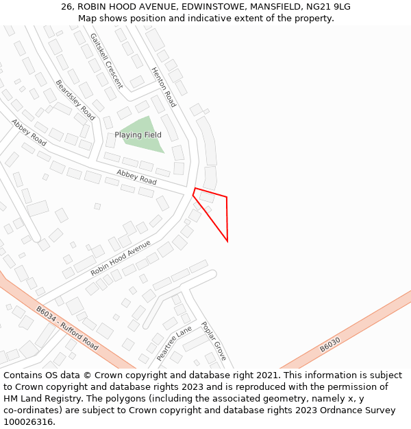 26, ROBIN HOOD AVENUE, EDWINSTOWE, MANSFIELD, NG21 9LG: Location map and indicative extent of plot