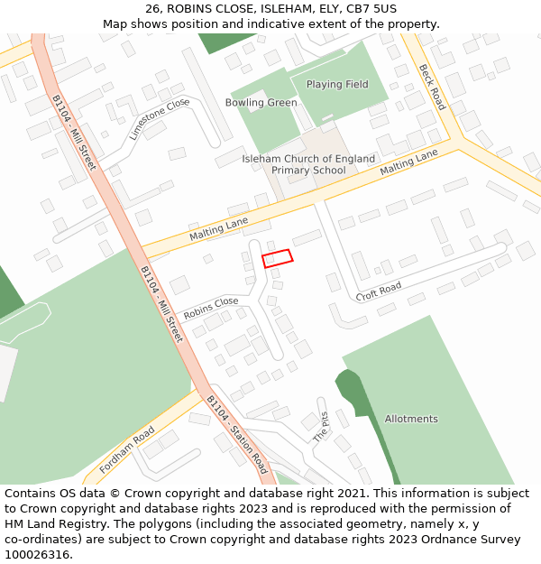 26, ROBINS CLOSE, ISLEHAM, ELY, CB7 5US: Location map and indicative extent of plot