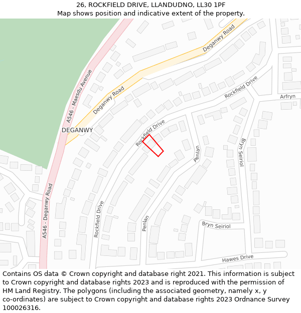 26, ROCKFIELD DRIVE, LLANDUDNO, LL30 1PF: Location map and indicative extent of plot