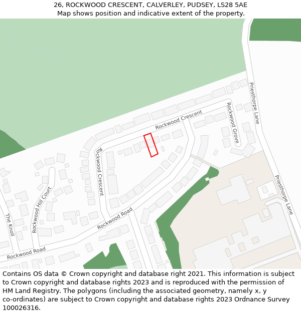 26, ROCKWOOD CRESCENT, CALVERLEY, PUDSEY, LS28 5AE: Location map and indicative extent of plot