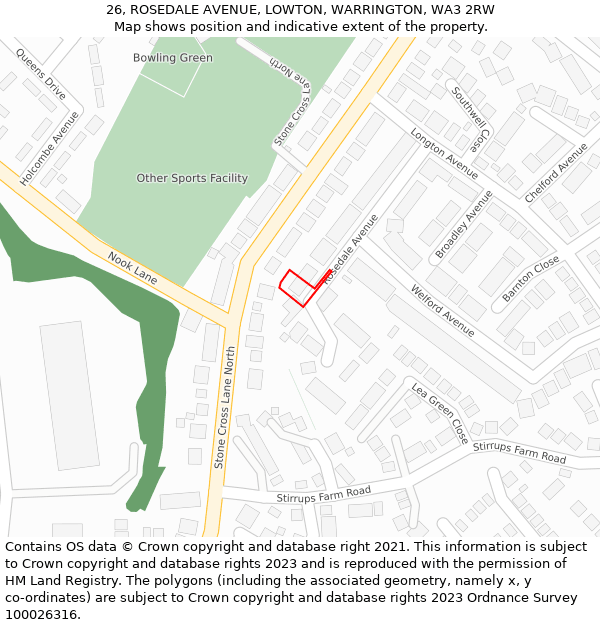 26, ROSEDALE AVENUE, LOWTON, WARRINGTON, WA3 2RW: Location map and indicative extent of plot