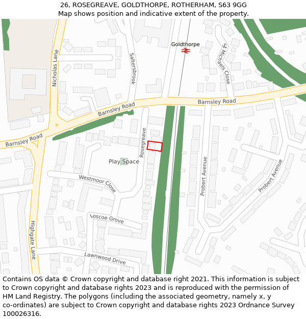 26, ROSEGREAVE, GOLDTHORPE, ROTHERHAM, S63 9GG: Location map and indicative extent of plot