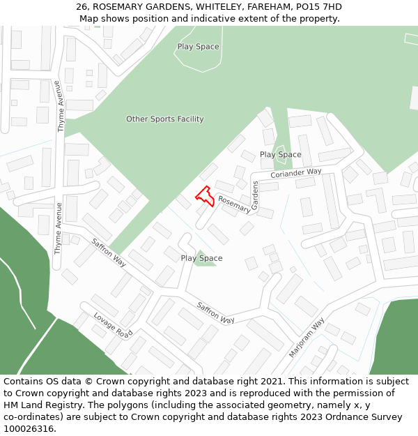 26, ROSEMARY GARDENS, WHITELEY, FAREHAM, PO15 7HD: Location map and indicative extent of plot