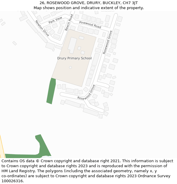 26, ROSEWOOD GROVE, DRURY, BUCKLEY, CH7 3JT: Location map and indicative extent of plot