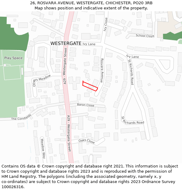 26, ROSVARA AVENUE, WESTERGATE, CHICHESTER, PO20 3RB: Location map and indicative extent of plot