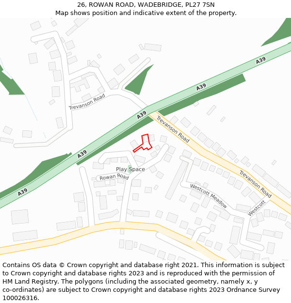 26, ROWAN ROAD, WADEBRIDGE, PL27 7SN: Location map and indicative extent of plot