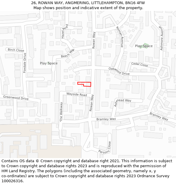26, ROWAN WAY, ANGMERING, LITTLEHAMPTON, BN16 4FW: Location map and indicative extent of plot